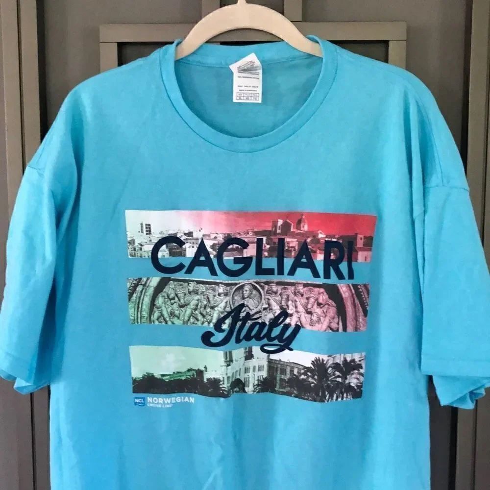 Vintage Cagliari Italy Norwegian Cruise line, T-shirt, turquoise size XL ￼